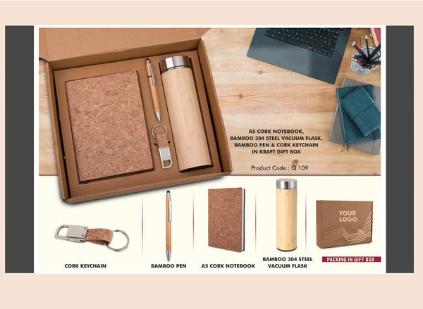 Eco Kraft Gift Box with A5 Notebook, Flask, Pen & Keychain