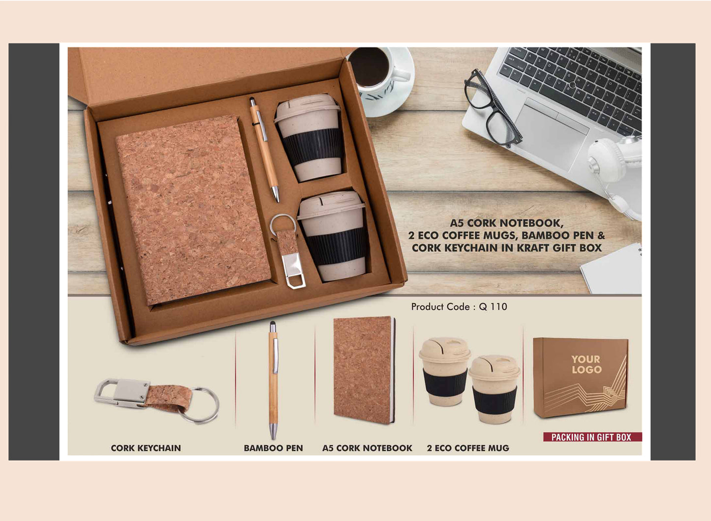 Gift set with cork notebook, eco coffee mugs, bamboo pen, and cork keychain on a wooden surface.
