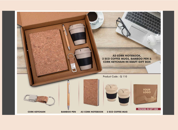 Eco Kraft Gift Box with A5 Notebook, 2 Mugs, Pen & Keychain