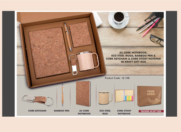 Eco Kraft Gift Box with A5 Notebook, 1 Mug, Pen, Keychain & Sticky Notes