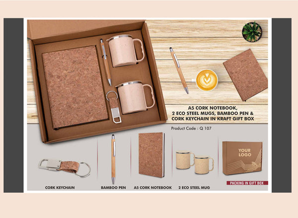 Eco Kraft Gift Box with A5 Notebook, 2 Steel Mugs, Pen & Keychain