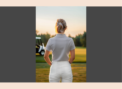 Person in golf attire standing on a golf course with a golf cart in the background.