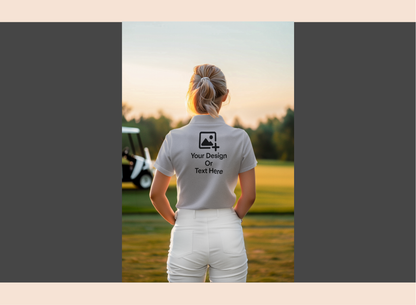 Woman on a golf course wearing a customizable t-shirt with a logo and text area.