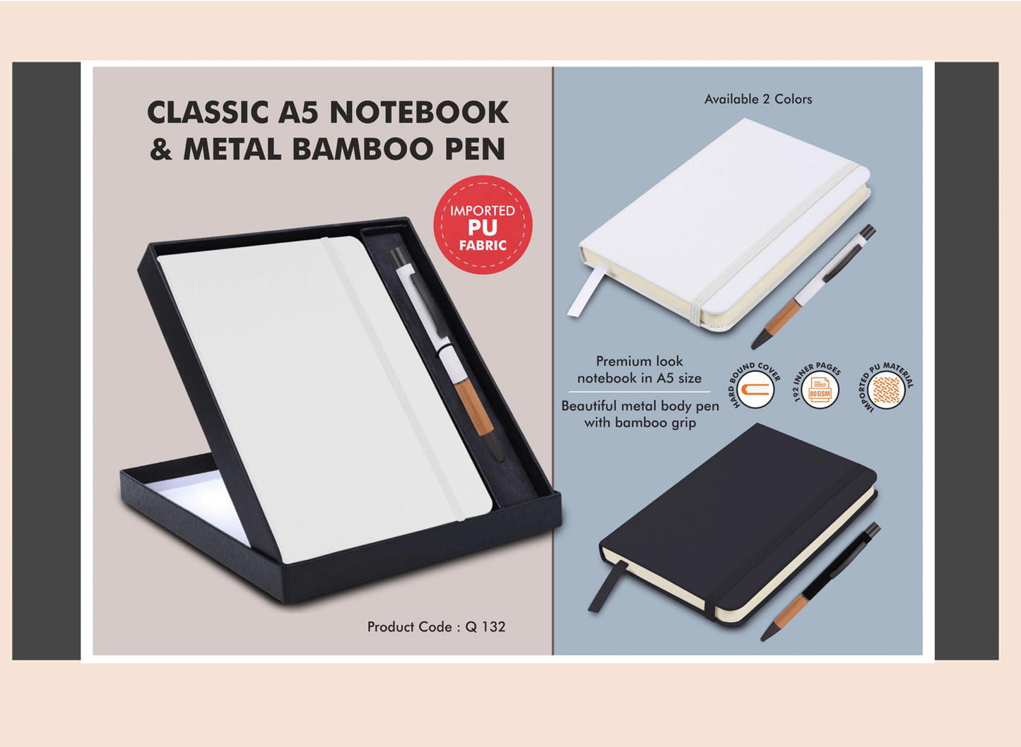 Classic A5 notebook and metal bamboo pen set with product details on a light gray background