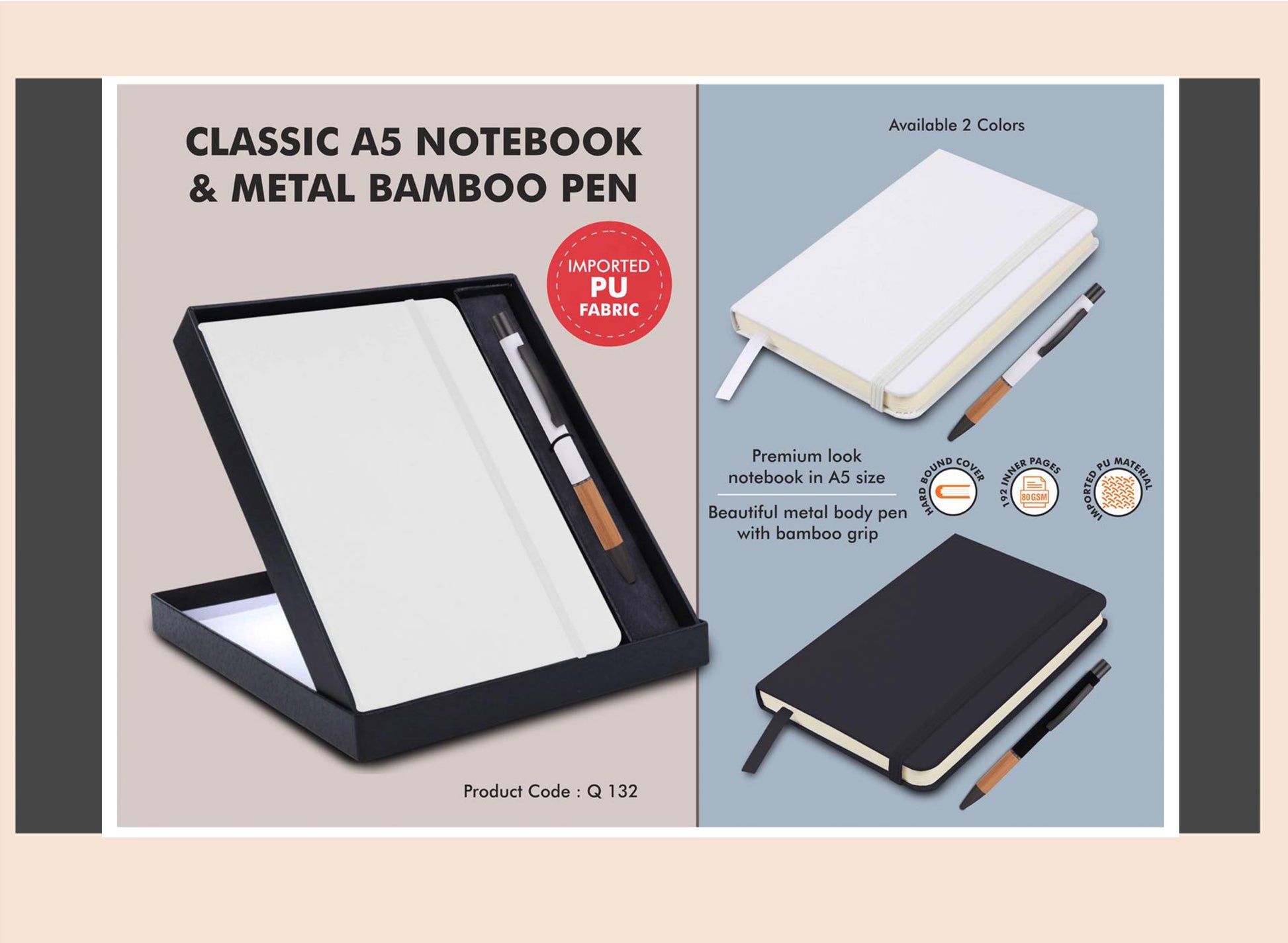 Classic A5 notebook and metal bamboo pen set with product details on a light gray background