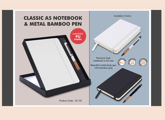 Classic A5 notebook and metal bamboo pen set with product details on a light gray background