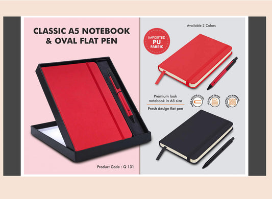 Red A5 notebook and black flat pen set with packaging on a light pink background