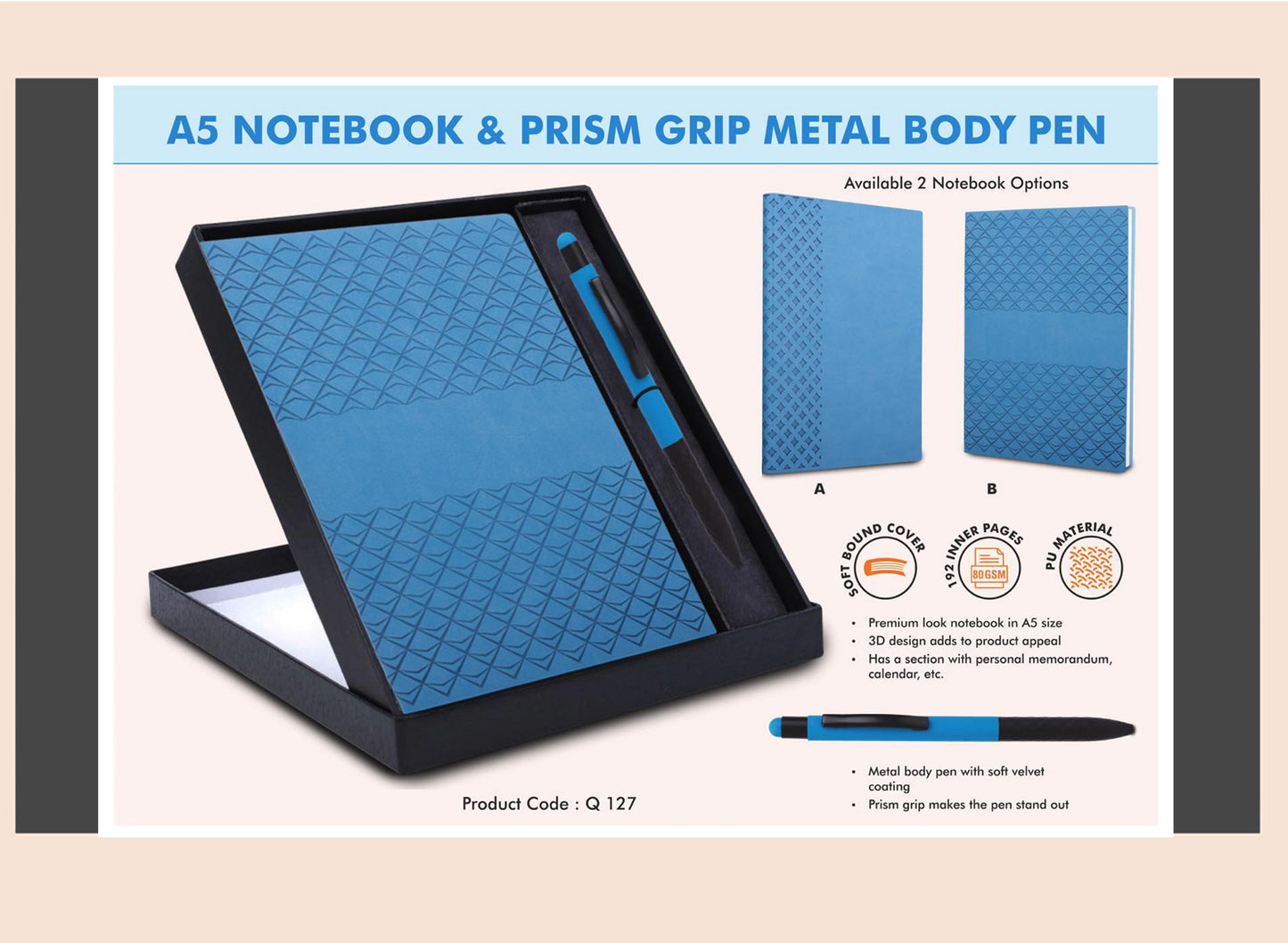 A5 notebook and prism grip metal body pen set with blue accents on a beige background