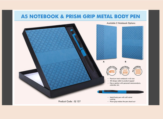 A5 notebook and prism grip metal body pen set with blue accents on a beige background