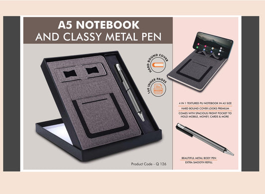 A5 notebook and classy metal pen set in a box with product details on a beige background