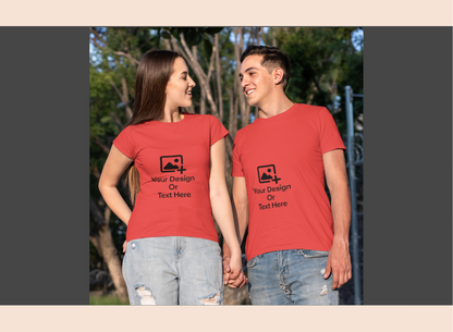 Two people wearing red t-shirts with customizable text or design area.
