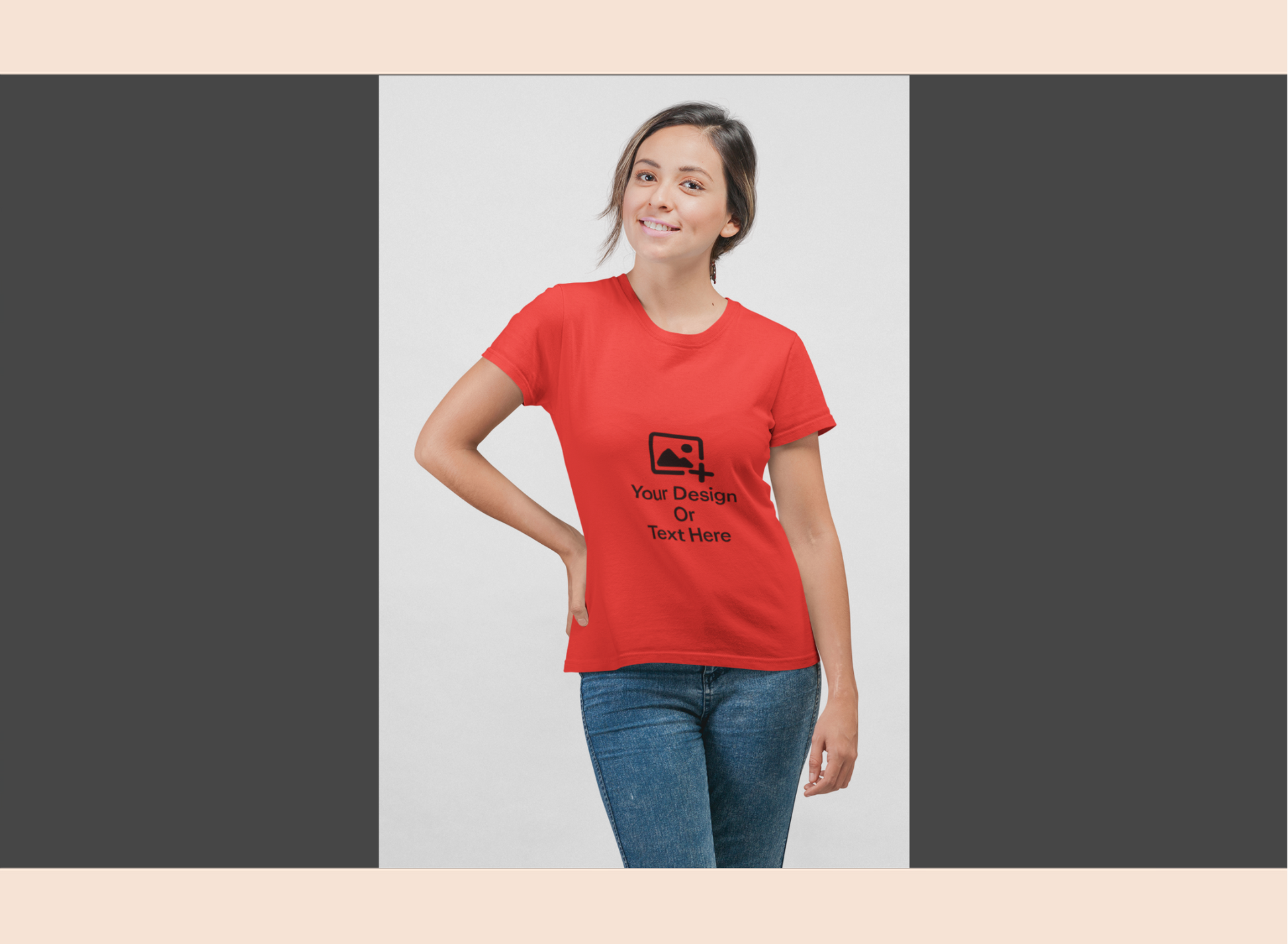 Person wearing a red t-shirt with a black graphic and text on a plain background