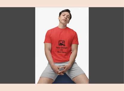 Person wearing a red t-shirt with customizable text or design on a plain background