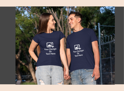 Two people wearing navy blue t-shirts with customizable design and text options outdoors.