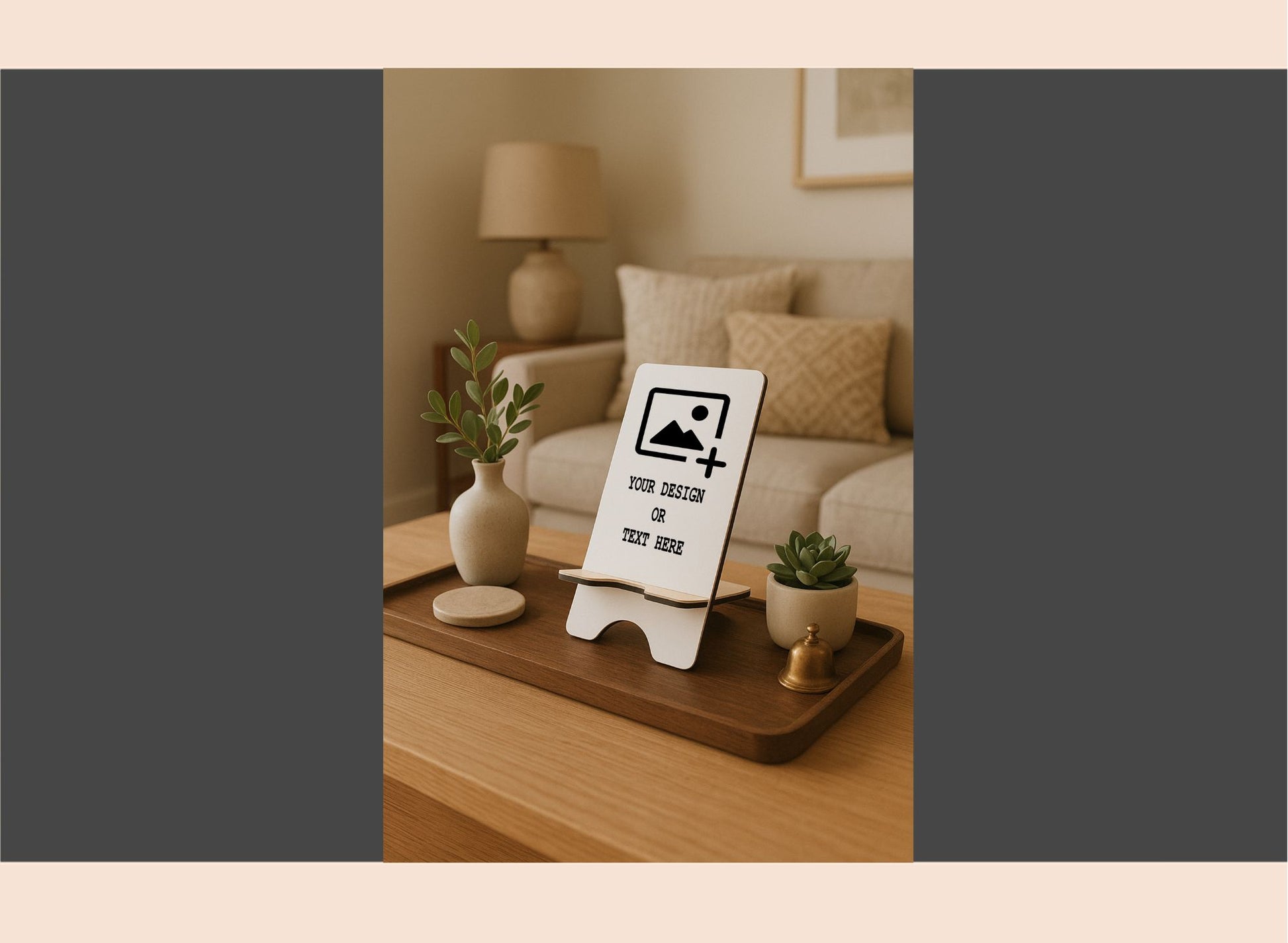 Decorative stand with customizable text in a living room setting