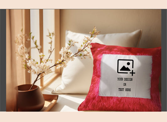 Red pillow with customizable design area in a home setting