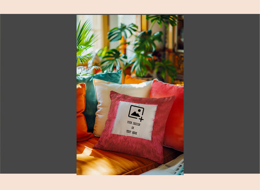 Decorative pillows on a couch with a plant in the background
