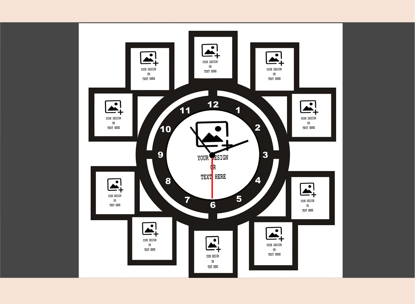 Black clock with picture frames around it on a white background