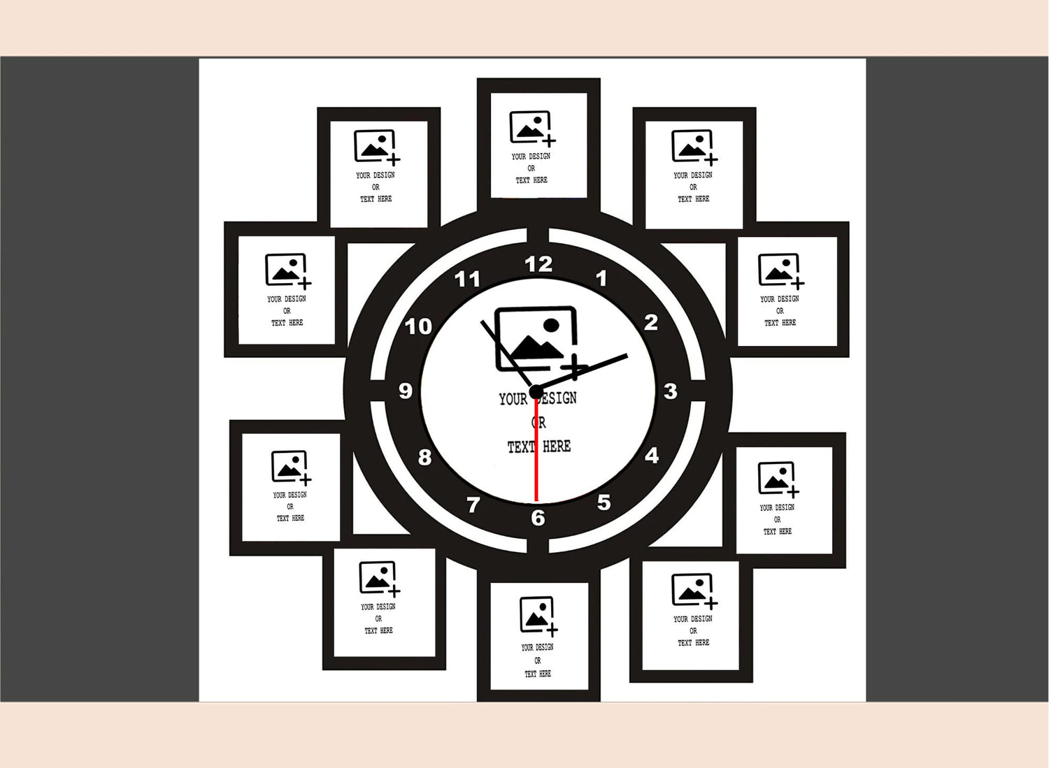 Black clock with picture frames around it on a white background