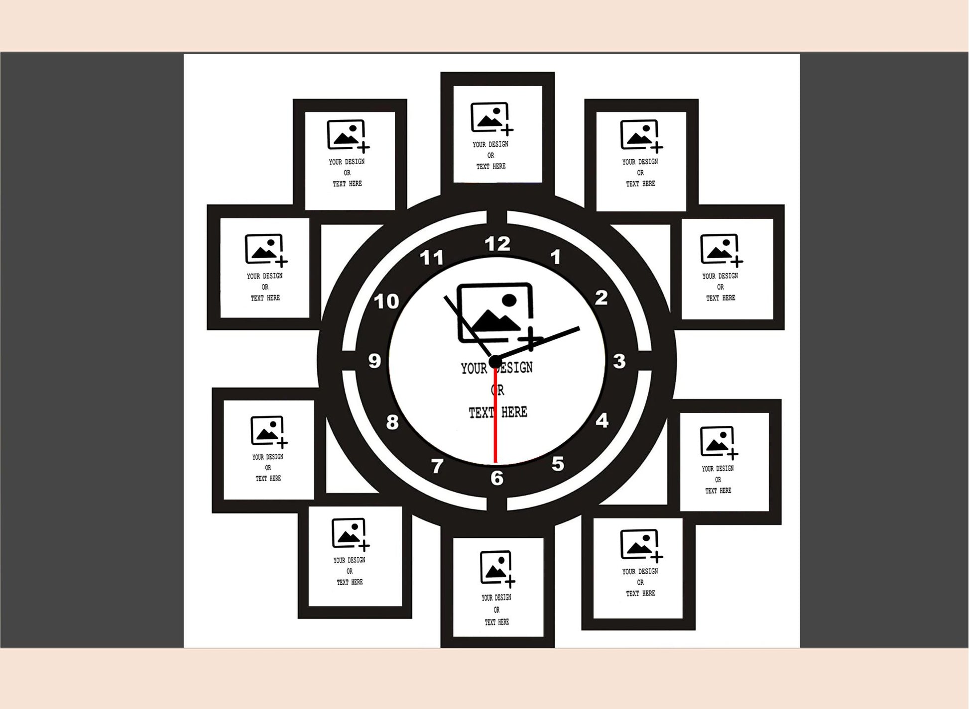 Black clock with picture frames around it on a white background