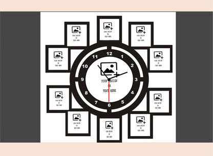Black clock with picture frames around it on a white background