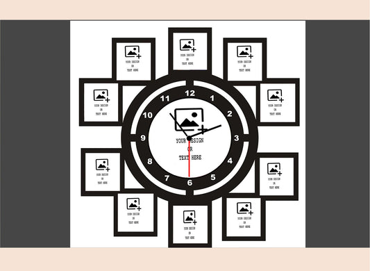 Black clock with picture frames around it on a white background