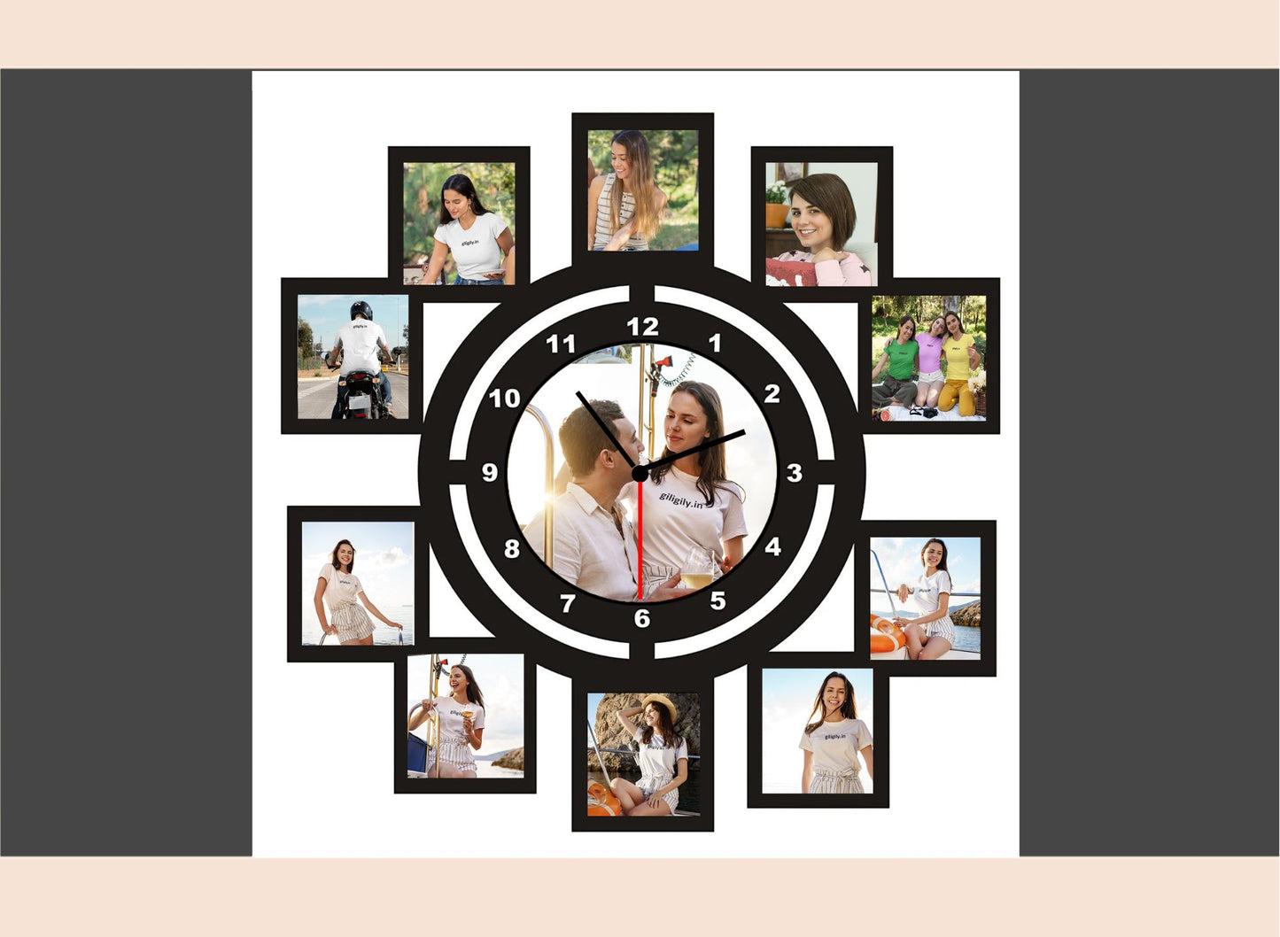 Wall clock with photo frames around it on a white background