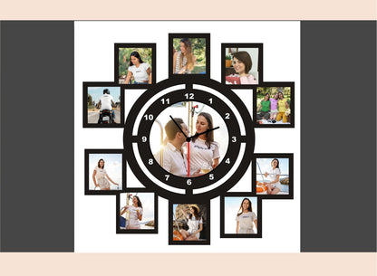 Wall clock with photo frames around it on a white background