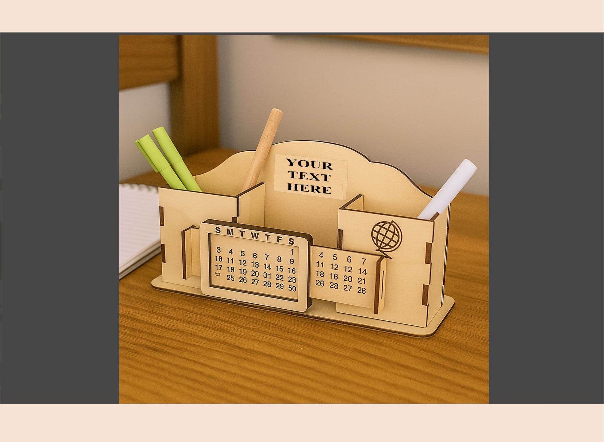 Custom Engraved Text Wooden desk organizer with calendar, pen holder, and text placeholder on a wooden surface.