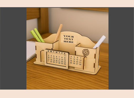 Custom Engraved Text Wooden desk organizer with calendar, pen holder, and text placeholder on a wooden surface.