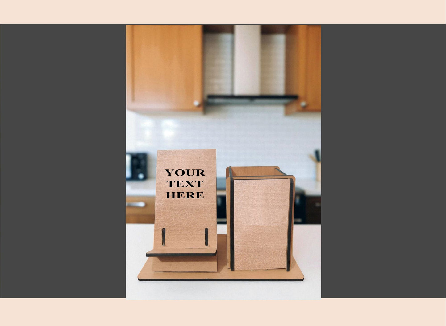 Wooden sign with 'Your Text Here' placeholder in a kitchen setting
