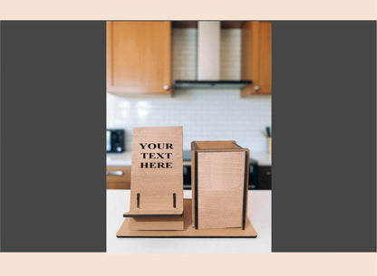 Wooden sign with 'Your Text Here' placeholder in a kitchen setting