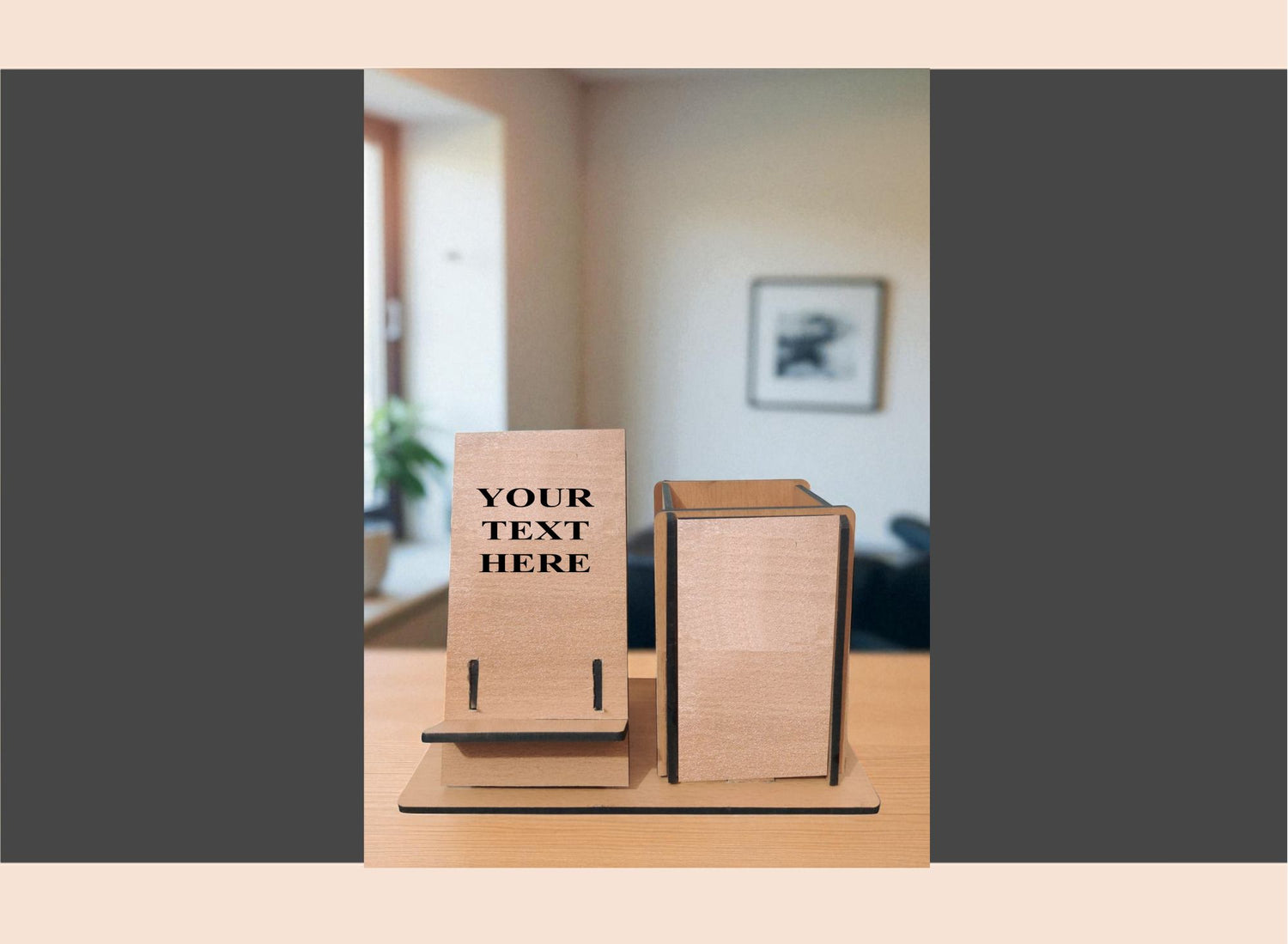 Wooden sign with 'Your Text Here' placeholder in a room setting