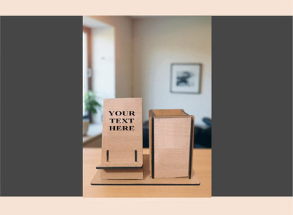 Wooden sign with 'Your Text Here' placeholder in a room setting