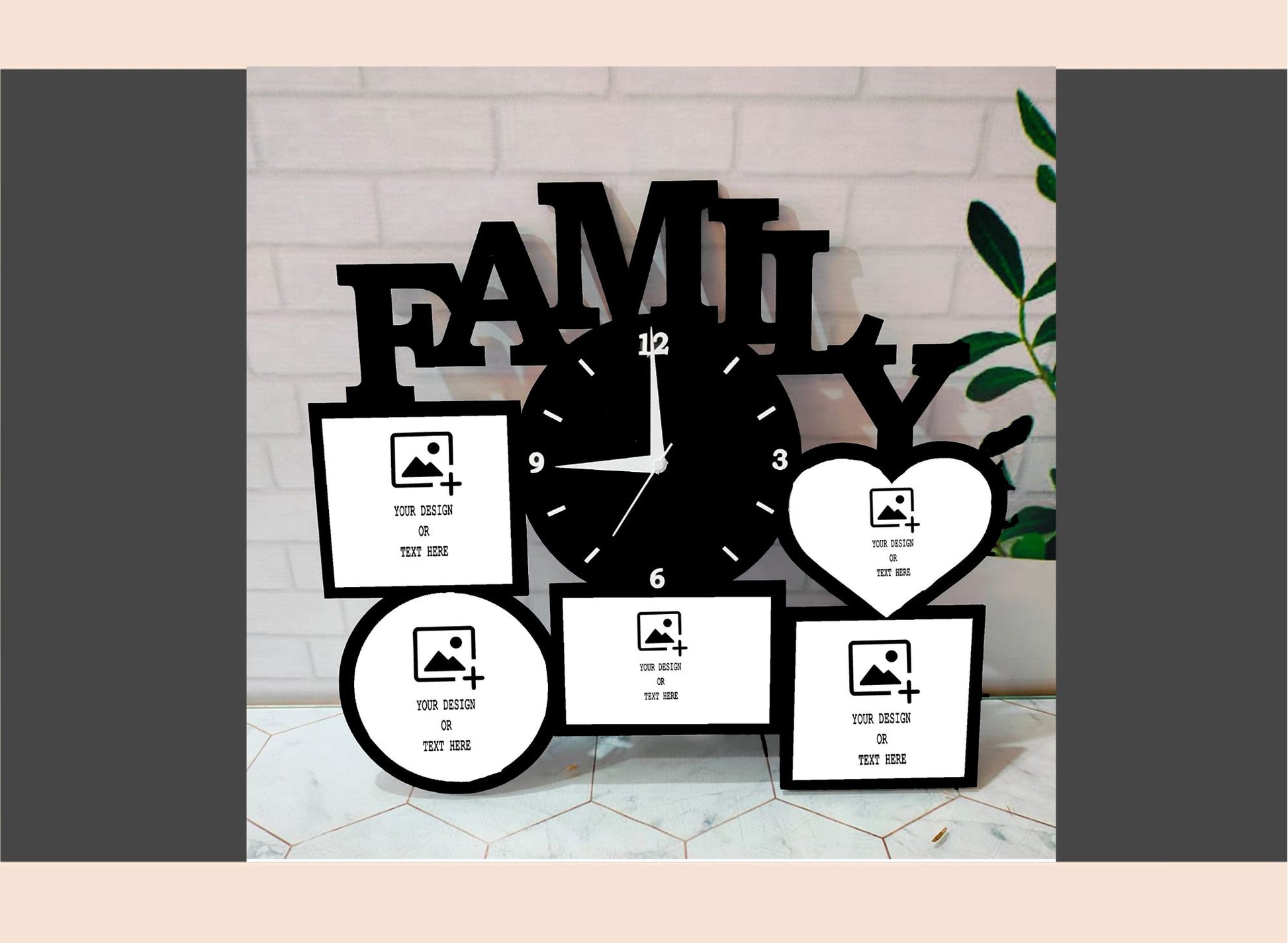 Decorative wall clock with photo frames and 'FAMILY' text on a brick wall background