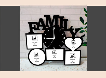 Decorative wall clock with photo frames and 'FAMILY' text on a brick wall background