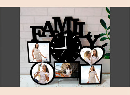 Black family-themed wall clock with photo frames against a white brick wall.