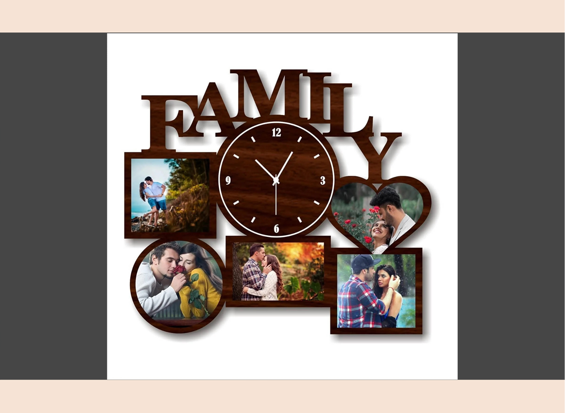 personalized-family-photo-frame-wooden-wall-clock-brown-001