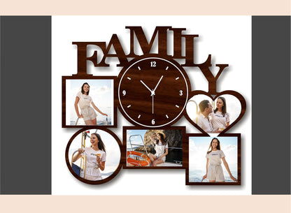 Wooden wall clock with family photos and 'FAMILY' text on a white background