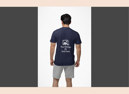 Person wearing a navy blue t-shirt with customizable text or design area on the back, standing against a white background.