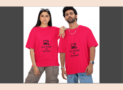 Two people wearing pink t-shirts with a design and text placeholder on a white background