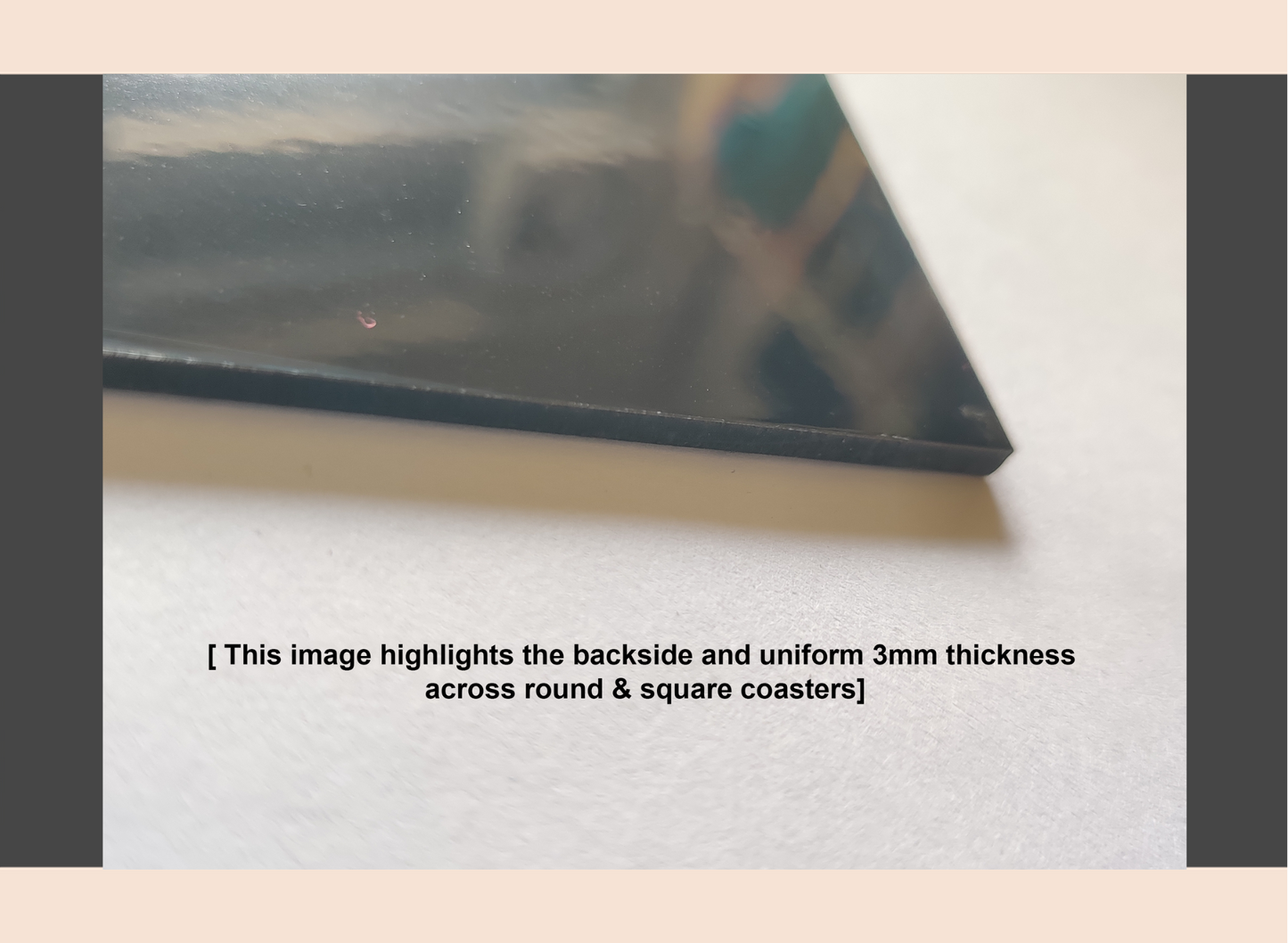 Coaster with text indicating uniform thickness