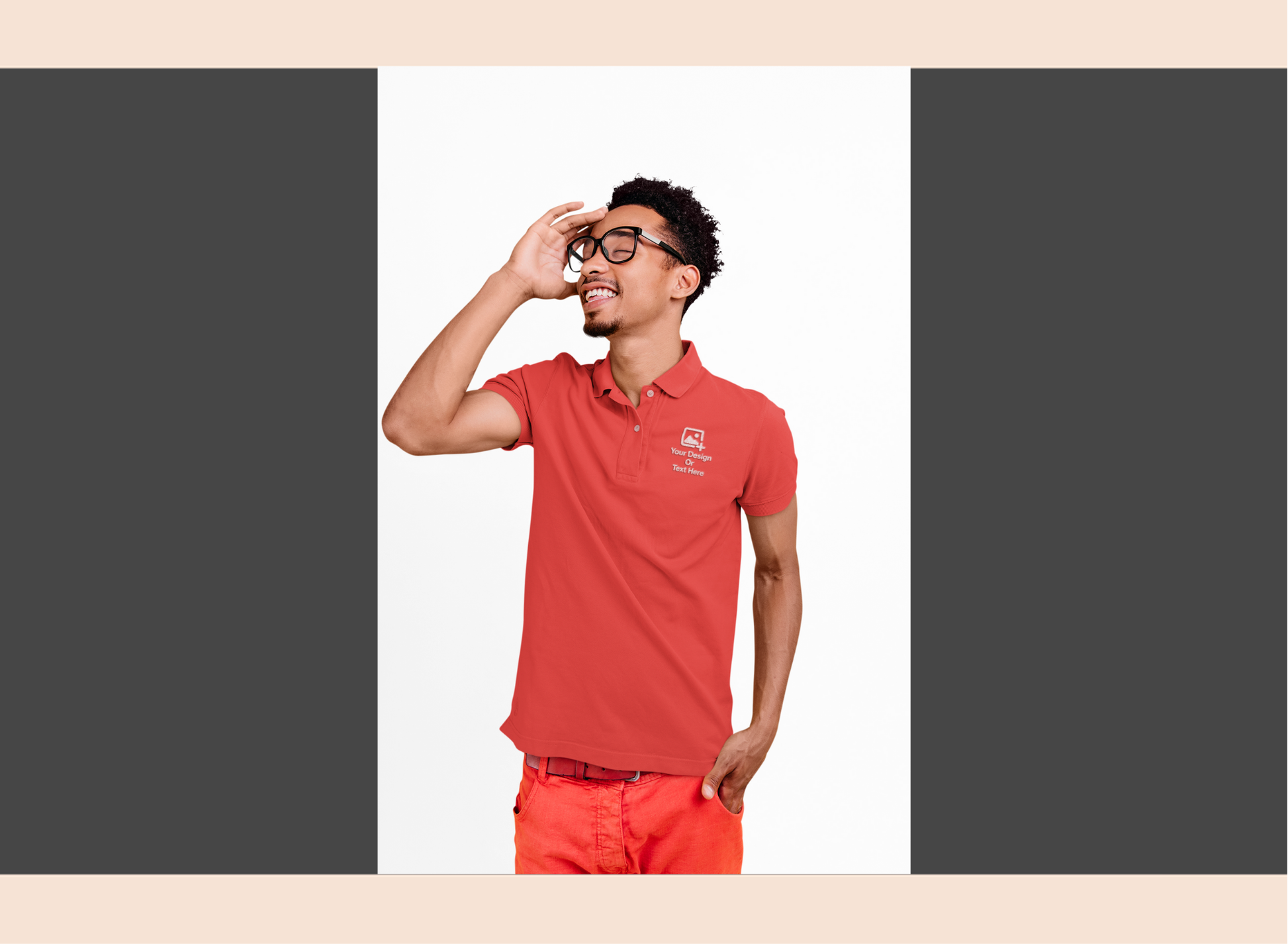 Man wearing a red polo shirt with a logo on a white background
