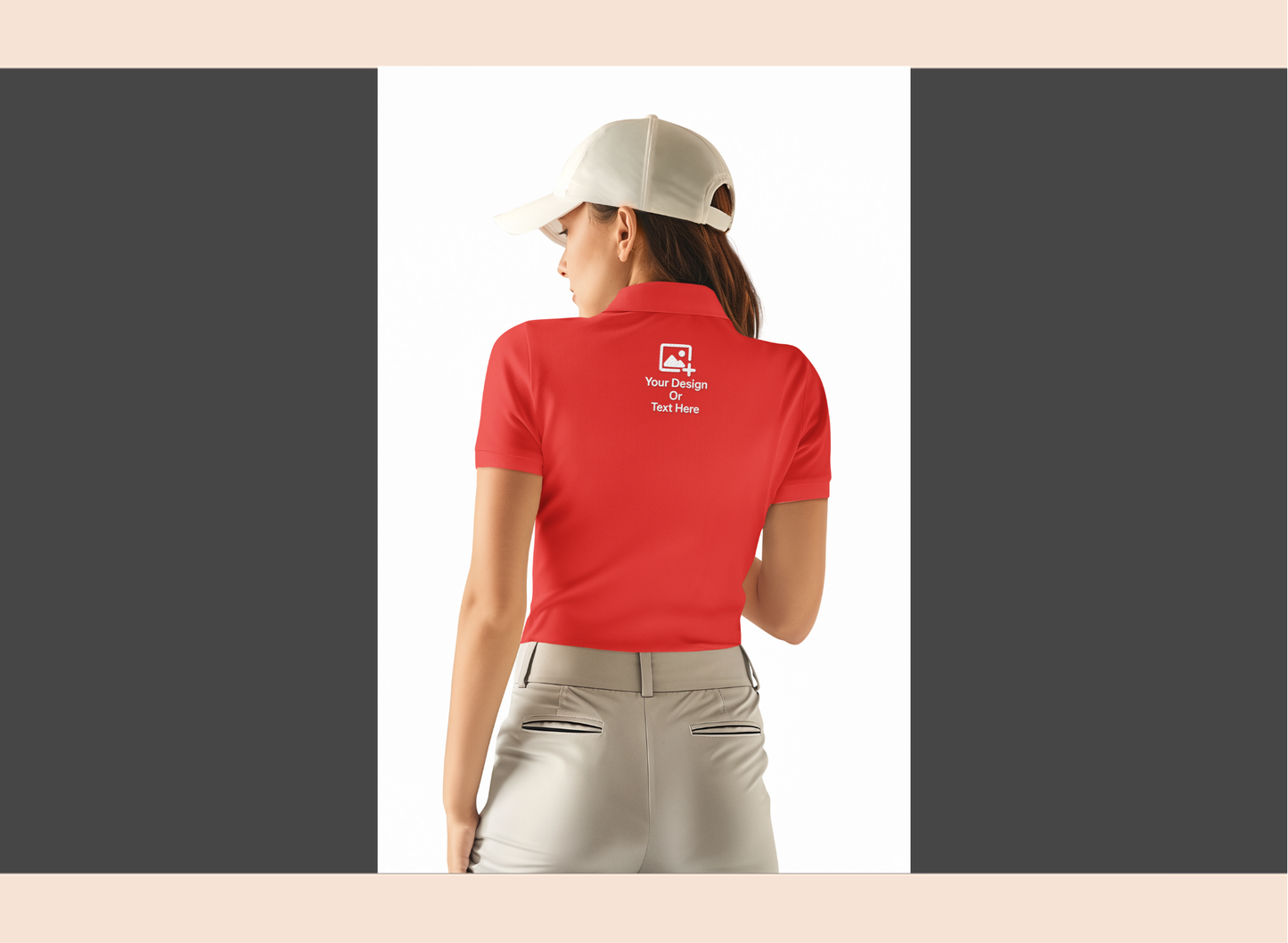Person wearing a red polo shirt with a logo on the back, standing against a white background.