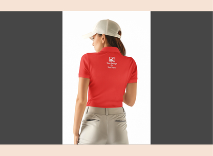 Person wearing a red polo shirt with a logo on the back, standing against a white background.