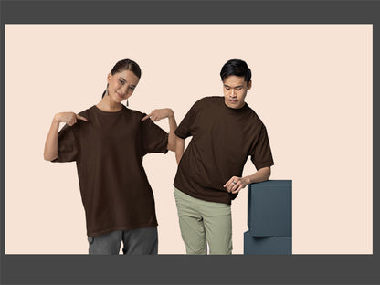 Woman and man wearing a brown top on a beige background