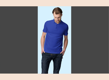 Man wearing a blue polo shirt and dark jeans on a light blue background