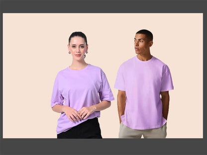 Man and woman both wearing solid lavender oversized tshirt.