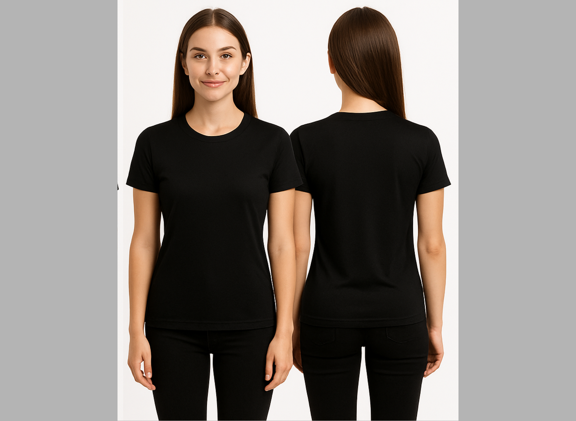 Black t-shirt worn by a model on a plain background