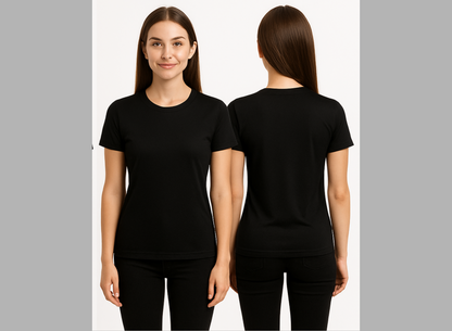 Black t-shirt worn by a model on a plain background
